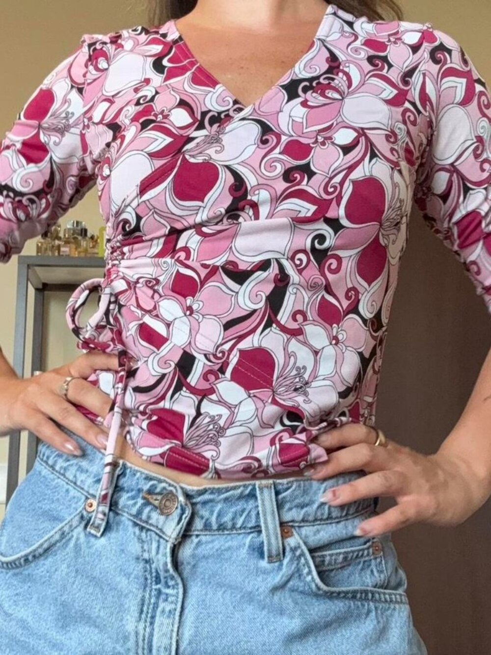 Vintage 90's Pink floral quarter sleeve A Byer top with tie detial